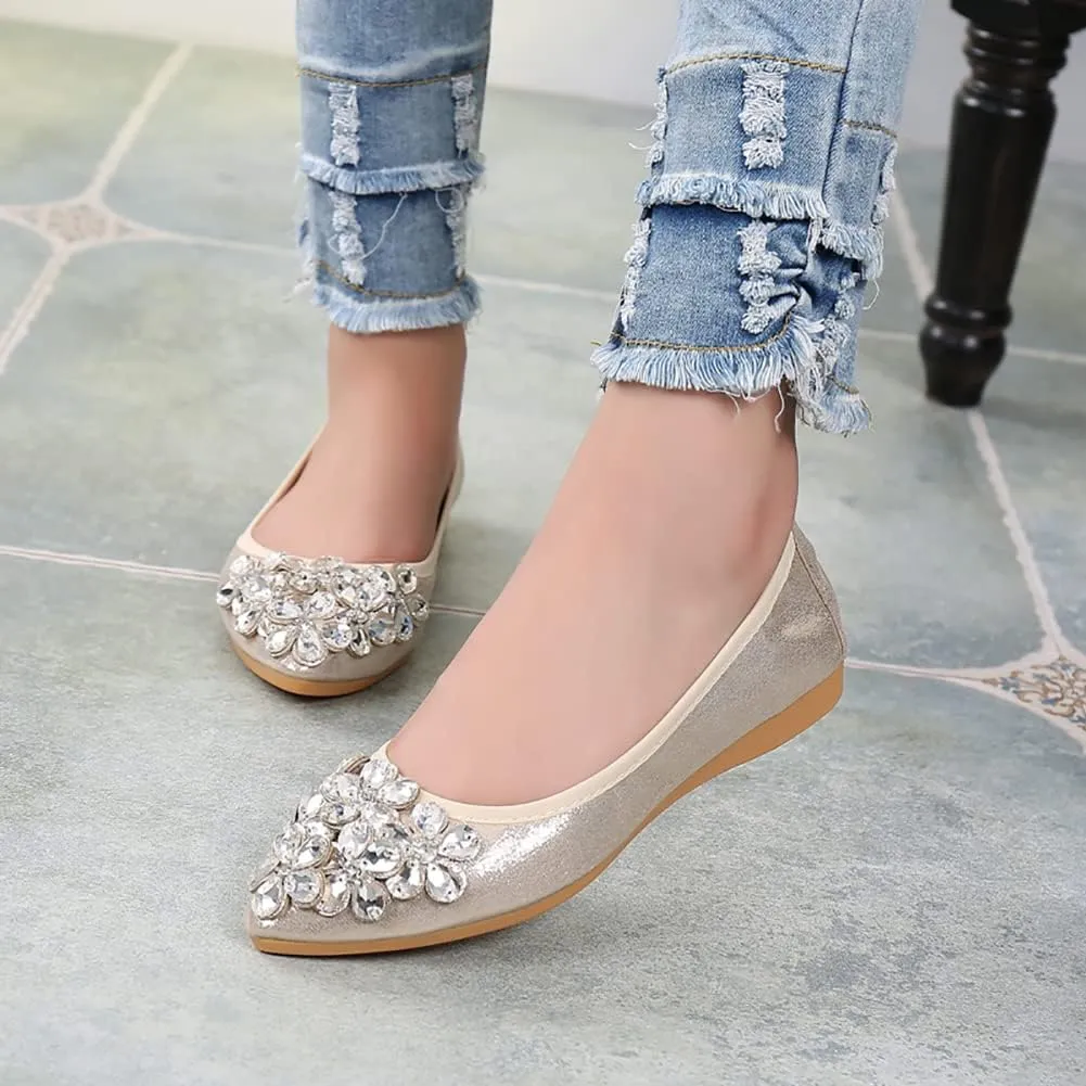 Unifizz Women's Ballet Flats Soft Pointed Toe Rhinestone Wedding Ballerina Shoes Foldable Sparkly Comfort Slip on Flat Shoes for Women
