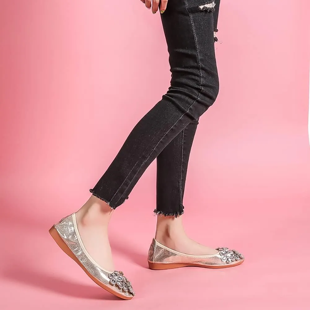 Unifizz Women's Ballet Flats Soft Pointed Toe Rhinestone Wedding Ballerina Shoes Foldable Sparkly Comfort Slip on Flat Shoes for Women