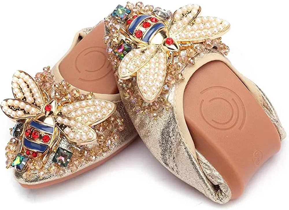 USANDY Women Ballet Flats Rhinestone Wedding Ballerina Shoes Foldable Sparkly Comfort Slip on Flat Shoes