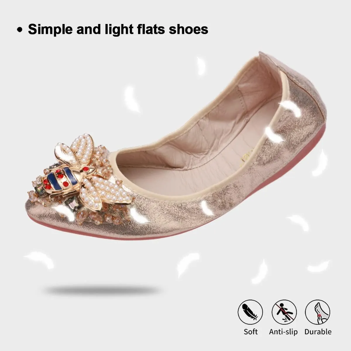 USANDY Women Ballet Flats Rhinestone Wedding Ballerina Shoes Foldable Sparkly Comfort Slip on Flat Shoes
