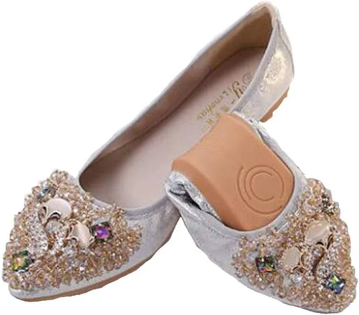 USANDY Women Ballet Flats Rhinestone Wedding Ballerina Shoes Foldable Sparkly Comfort Slip on Flat Shoes