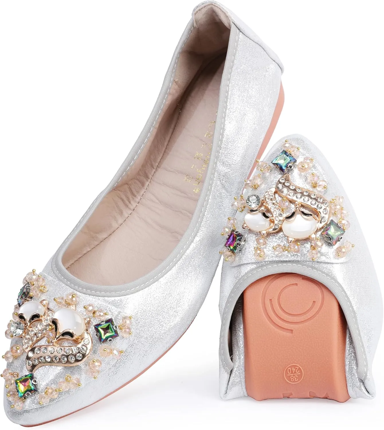 USANDY Women Ballet Flats Rhinestone Wedding Ballerina Shoes Foldable Sparkly Comfort Slip on Flat Shoes