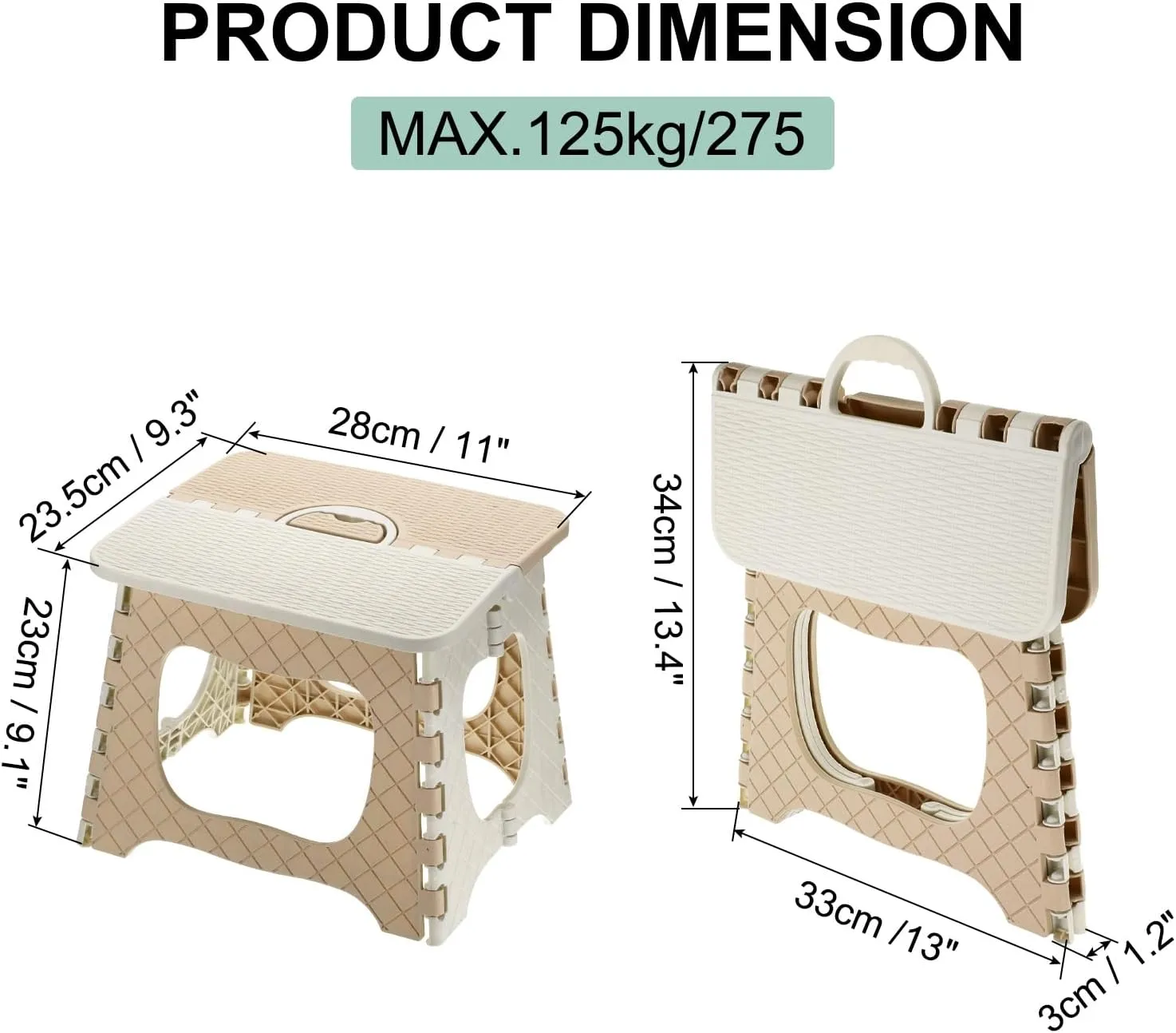uxcell 9" Folding Step Stool for Adults 275 lbs Capacity Non-Slip Step Stool with Handle Collapsible Foot Stools, Khaki Small Stepping Stool for Bathroom, Bedroom, Kitchen