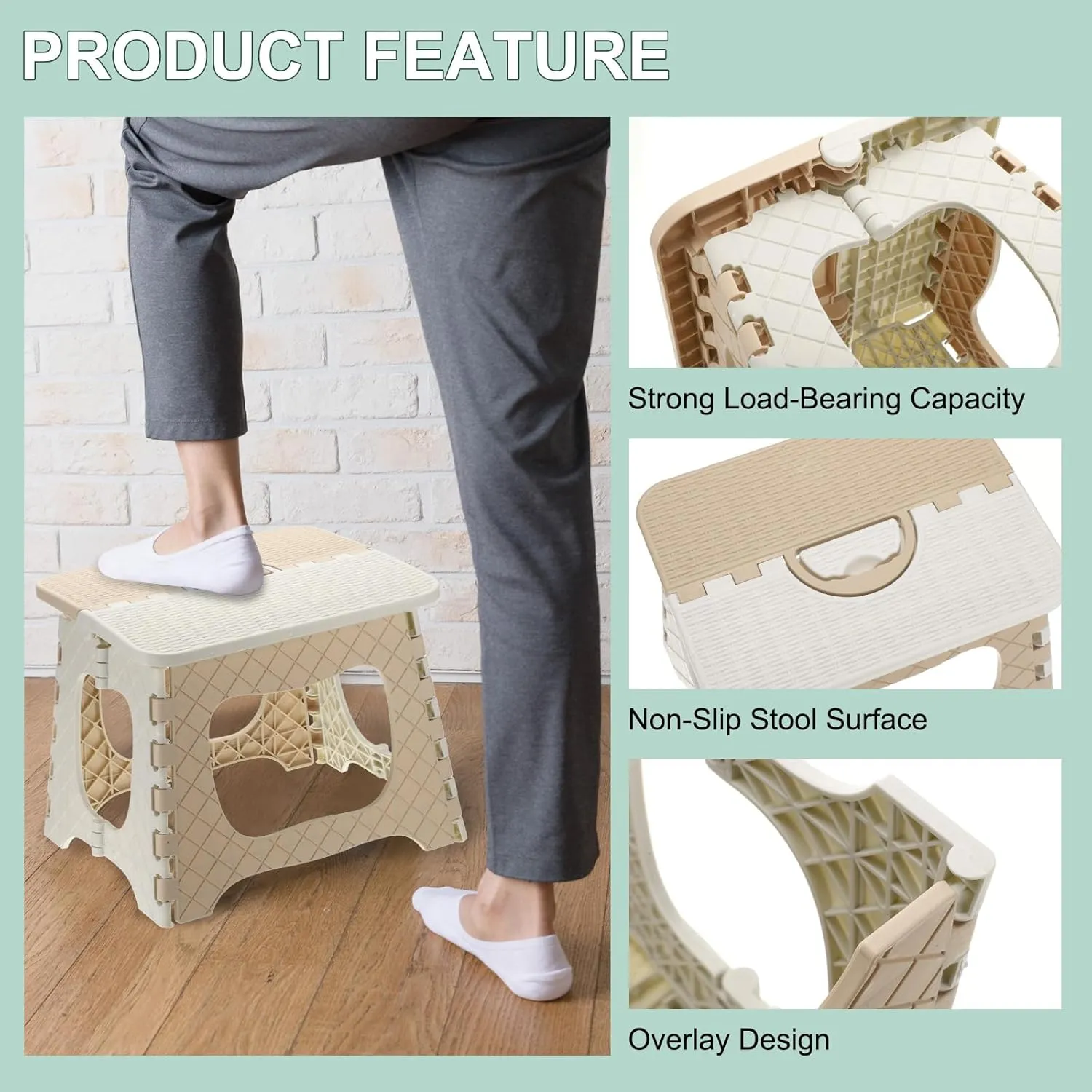 uxcell 9" Folding Step Stool for Adults 275 lbs Capacity Non-Slip Step Stool with Handle Collapsible Foot Stools, Khaki Small Stepping Stool for Bathroom, Bedroom, Kitchen
