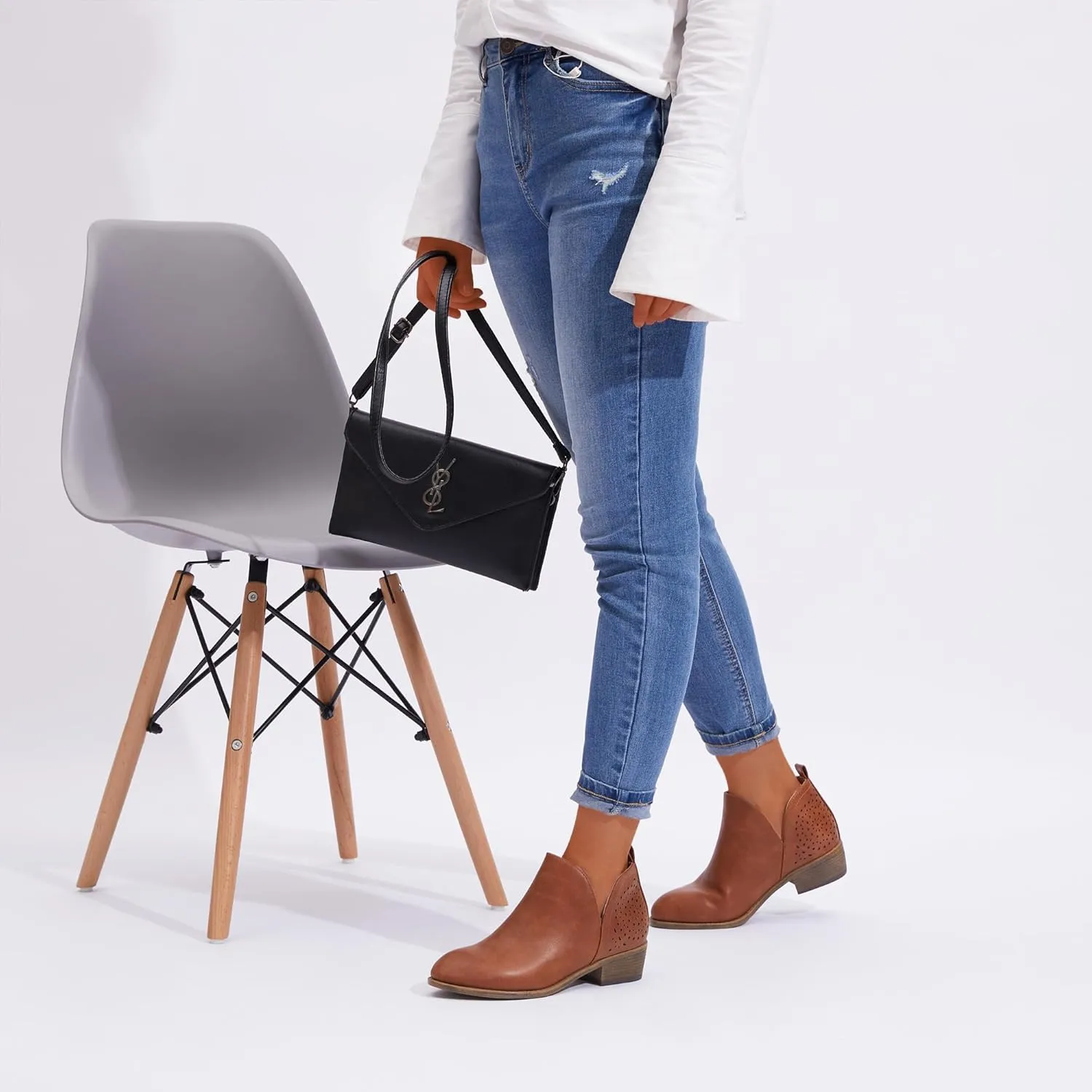 Vepose Women's Short Ankle Boots Low Heel, Western Cutout Perforated Booties