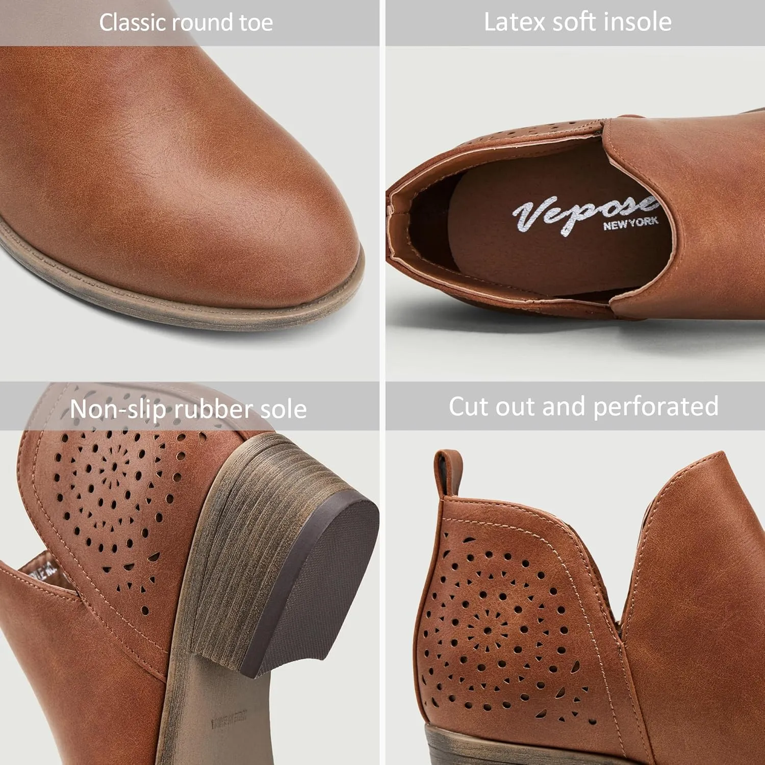 Vepose Women's Short Ankle Boots Low Heel, Western Cutout Perforated Booties