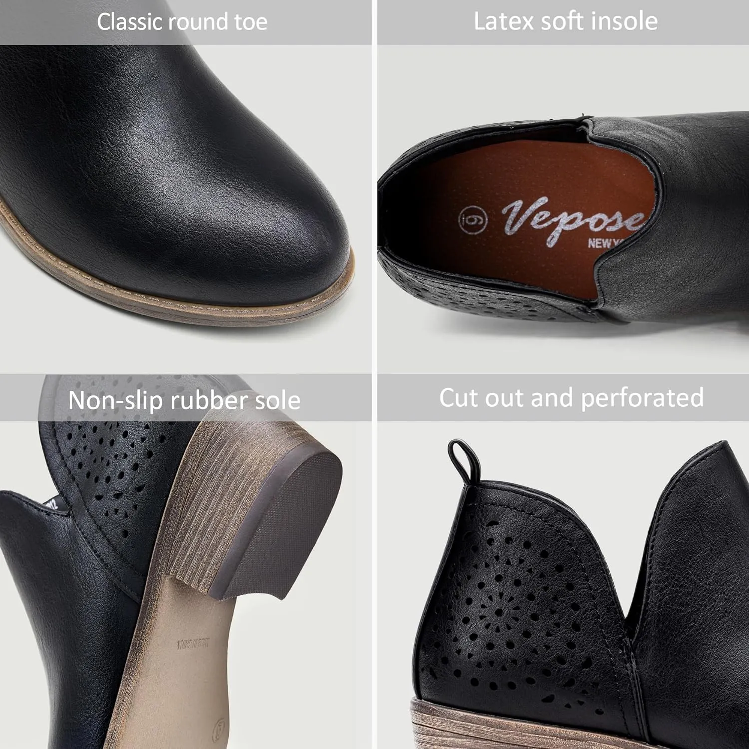Vepose Women's Short Ankle Boots Low Heel, Western Cutout Perforated Booties