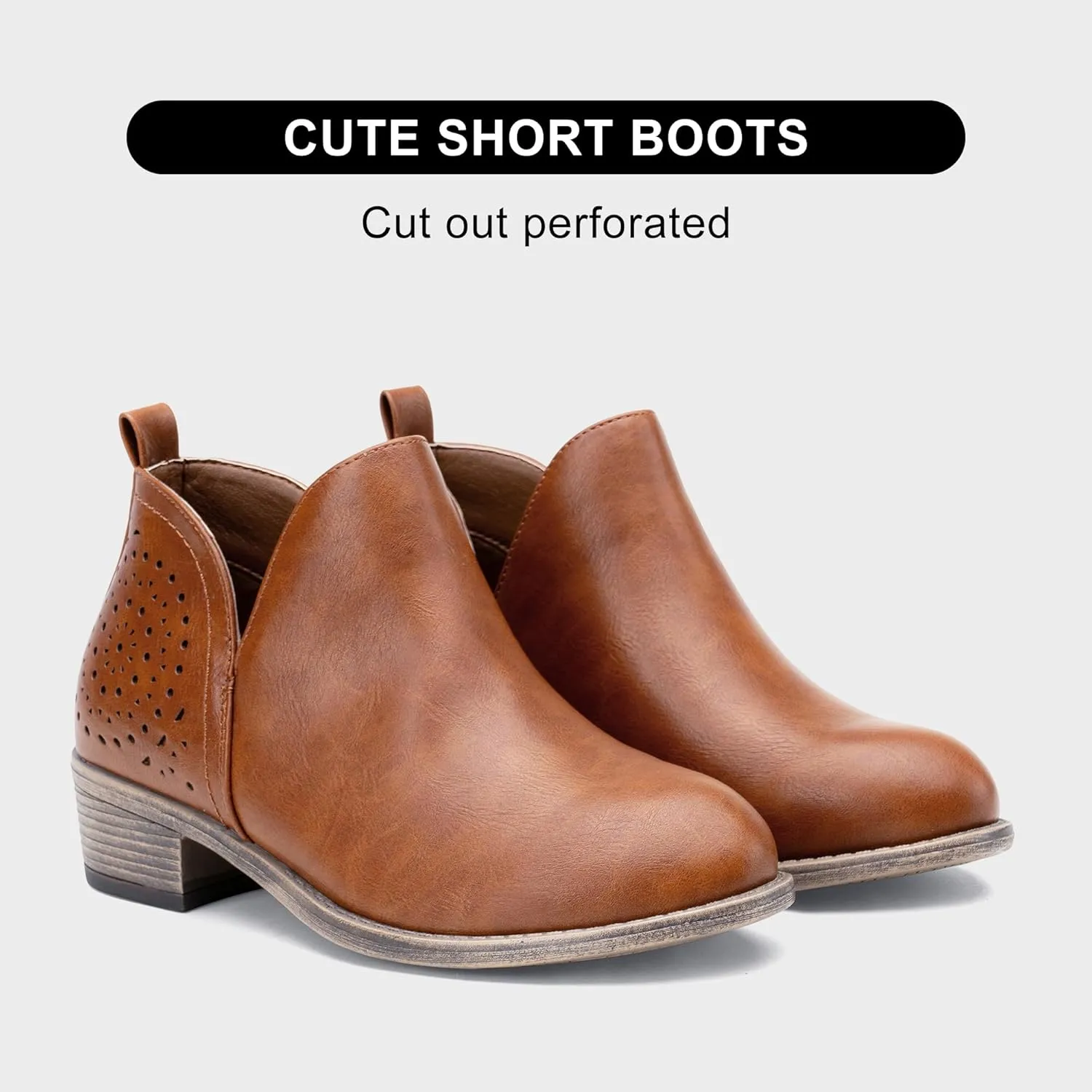 Vepose Women's Short Ankle Boots Low Heel, Western Cutout Perforated Booties