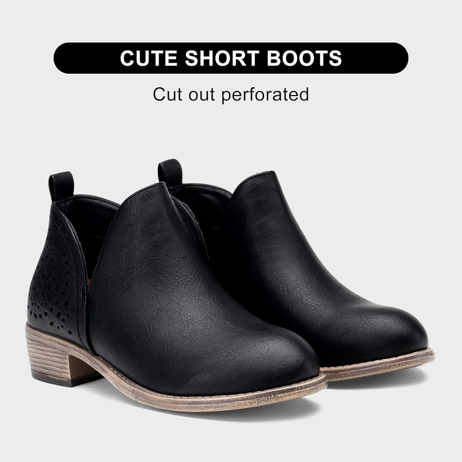 Vepose Women's Short Ankle Boots Low Heel, Western Cutout Perforated Booties