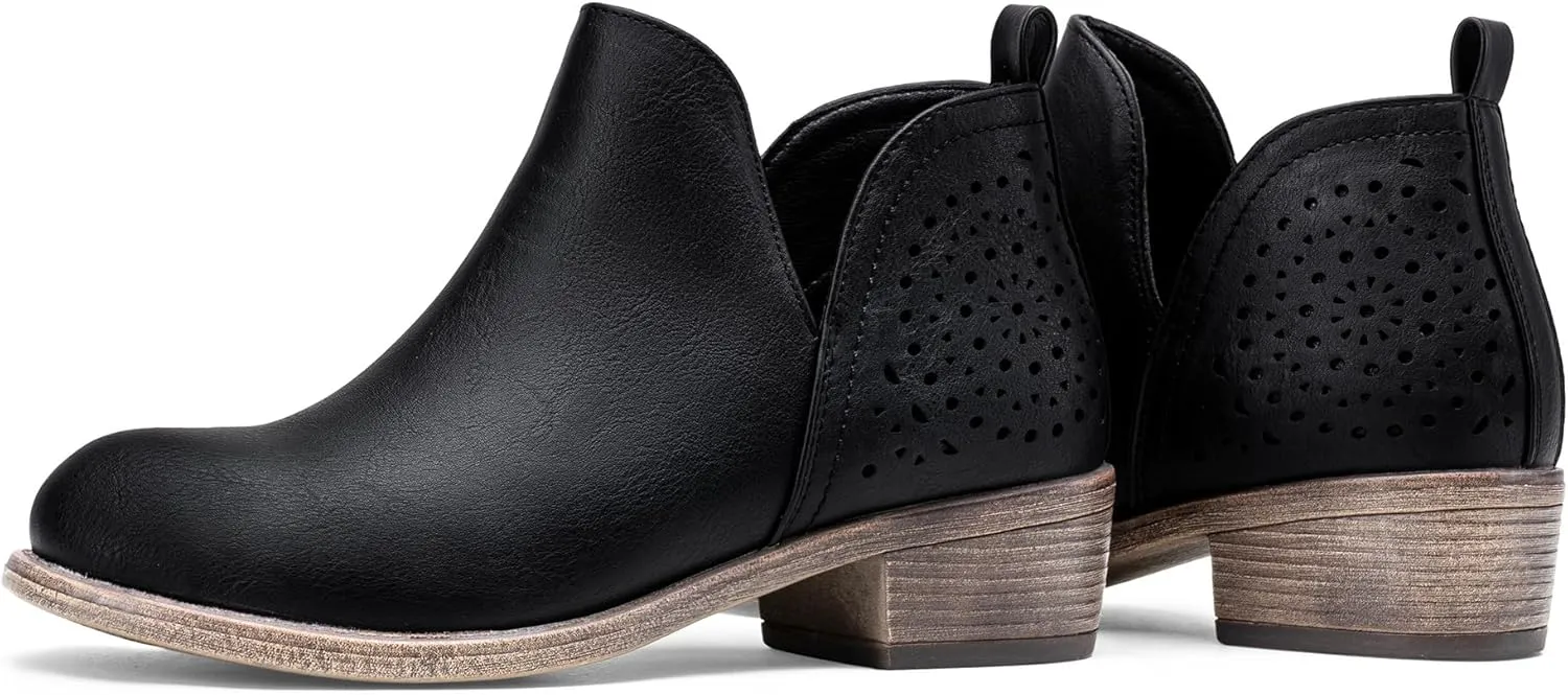 Vepose Women's Short Ankle Boots Low Heel, Western Cutout Perforated Booties