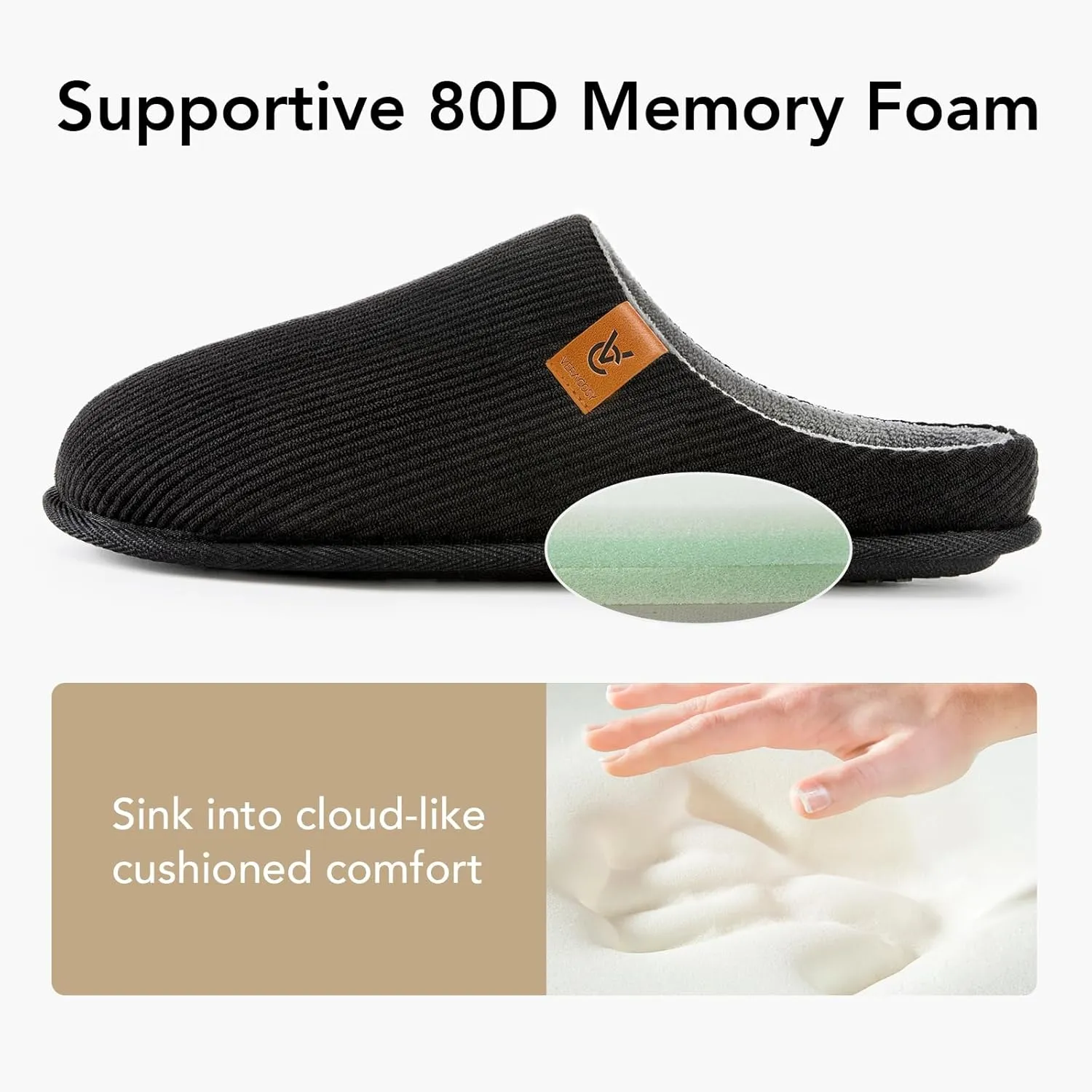VeraCosy Men's Cozy Slip-on Slippers Corduroy Memory Foam Indoor House Shoes