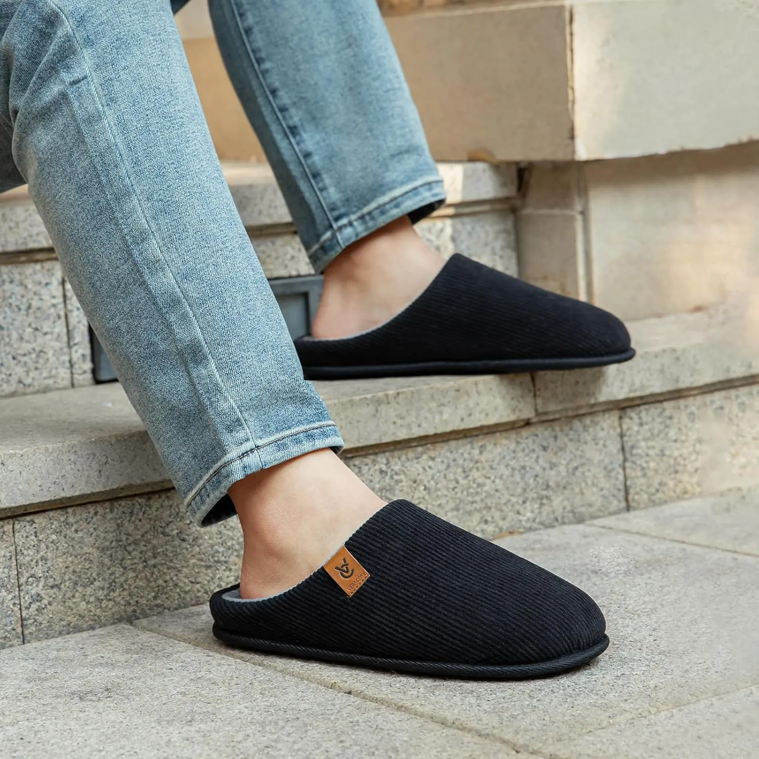 VeraCosy Men's Cozy Slip-on Slippers Corduroy Memory Foam Indoor House Shoes