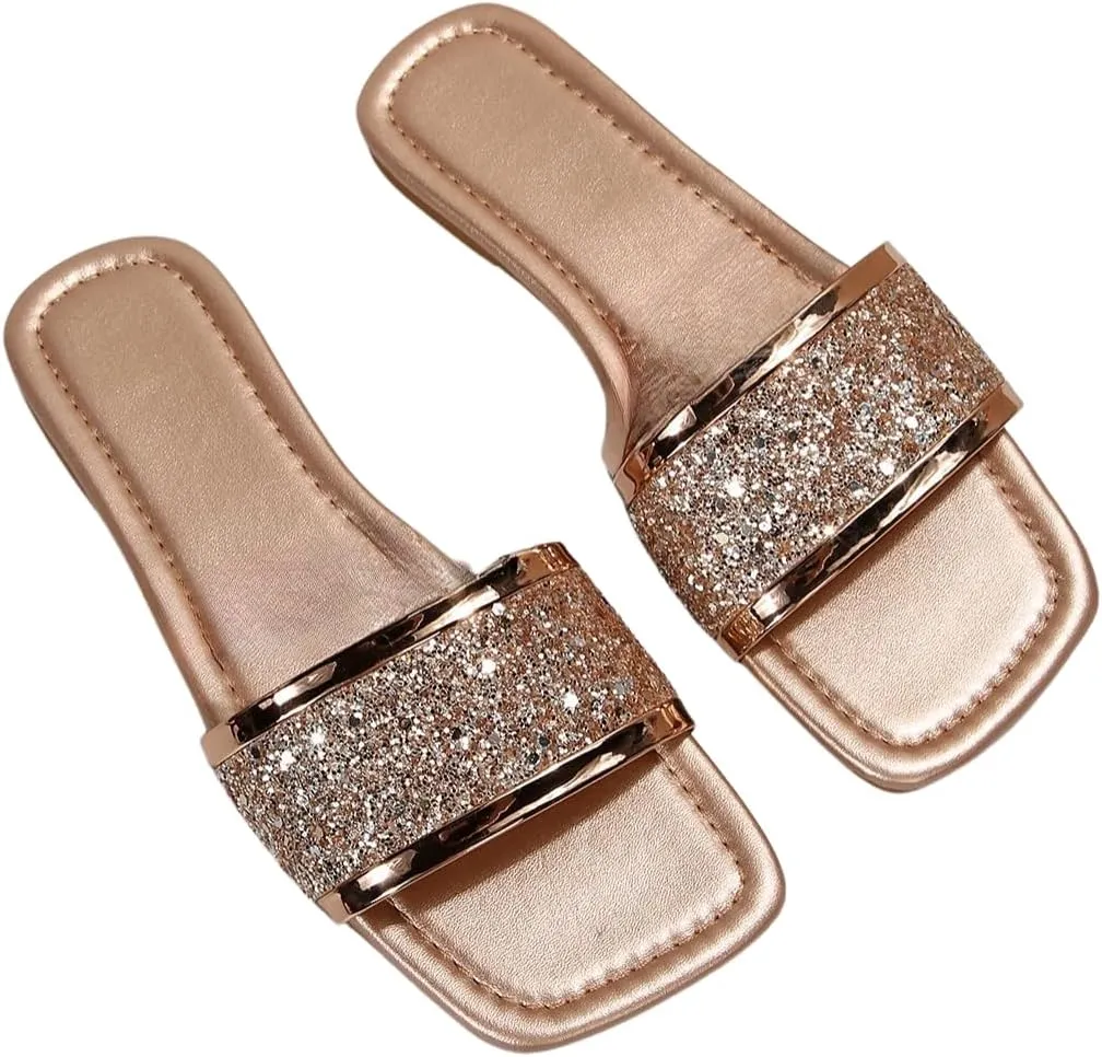 Verdusa Women's Glitter Decor Elegant Leather Flat Sandals Colorblock Slip on Open Toe Sandals