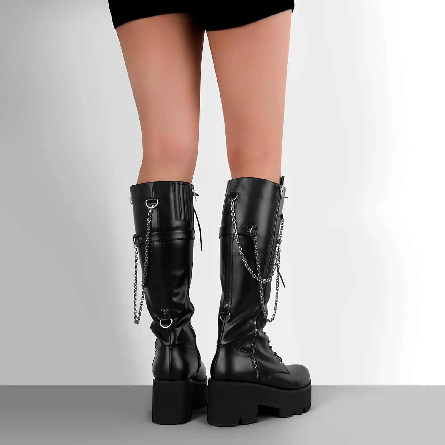VERISSON Knee High Boots Chunky Heels Zip up Round Toe Gothic Booty