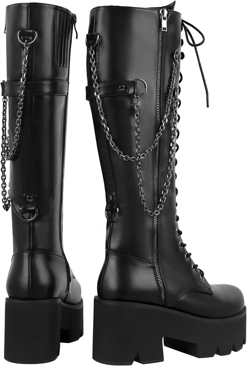 VERISSON Knee High Boots Chunky Heels Zip up Round Toe Gothic Booty