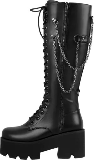 VERISSON Knee High Boots Chunky Heels Zip up Round Toe Gothic Booty