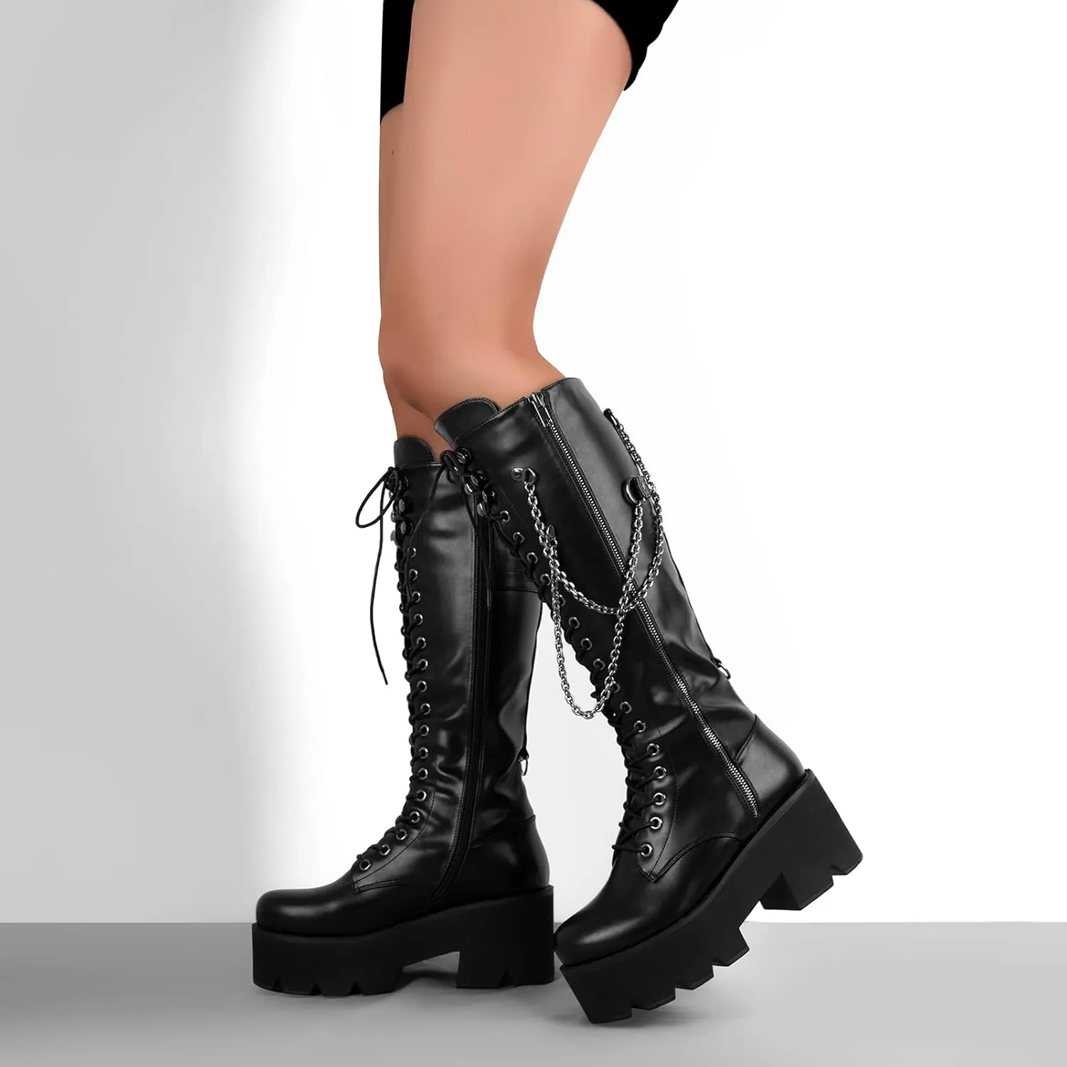 VERISSON Knee High Boots Chunky Heels Zip up Round Toe Gothic Booty