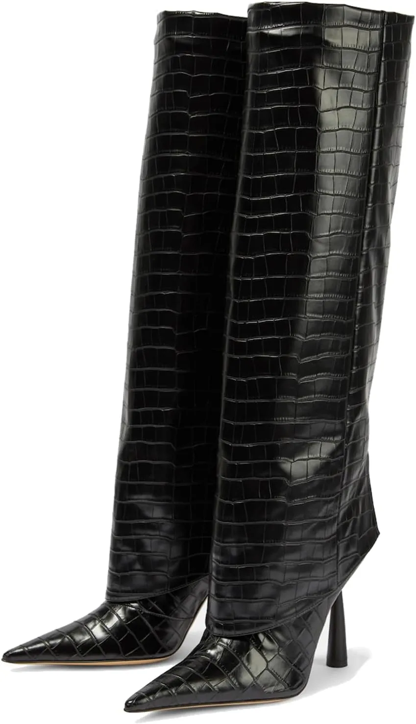 Vertundy Women's Fold Over Boots - Pointed Toe Stiletto Heel Slip On Knee High Boot Fashion Sexy Dress Boot