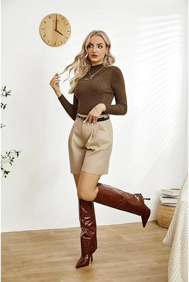 Vertundy Women's Fold Over Boots - Pointed Toe Stiletto Heel Slip On Knee High Boot Fashion Sexy Dress Boot