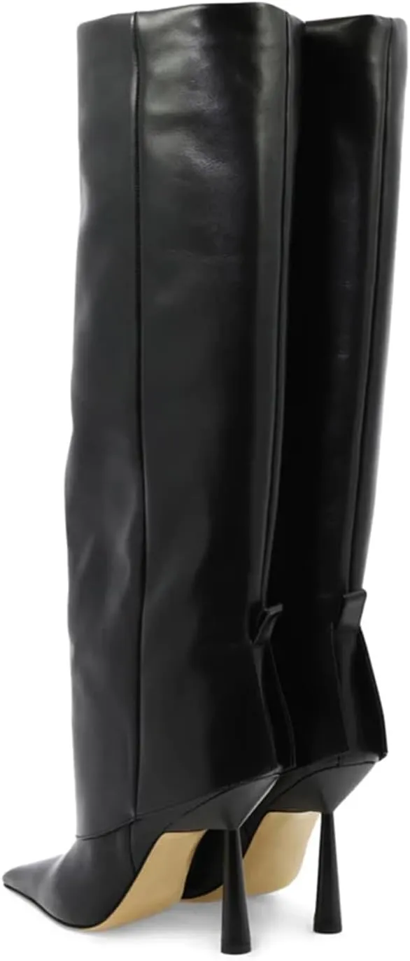 Vertundy Women's Fold Over Boots - Pointed Toe Stiletto Heel Slip On Knee High Boot Fashion Sexy Dress Boot