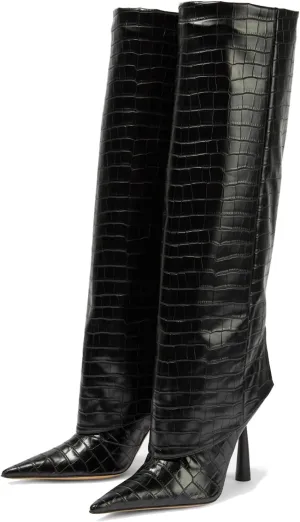 Vertundy Women's Fold Over Boots - Pointed Toe Stiletto Heel Slip On Knee High Boot Fashion Sexy Dress Boot