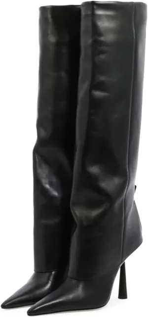 Vertundy Women's Fold Over Boots - Pointed Toe Stiletto Heel Slip On Knee High Boot Fashion Sexy Dress Boot