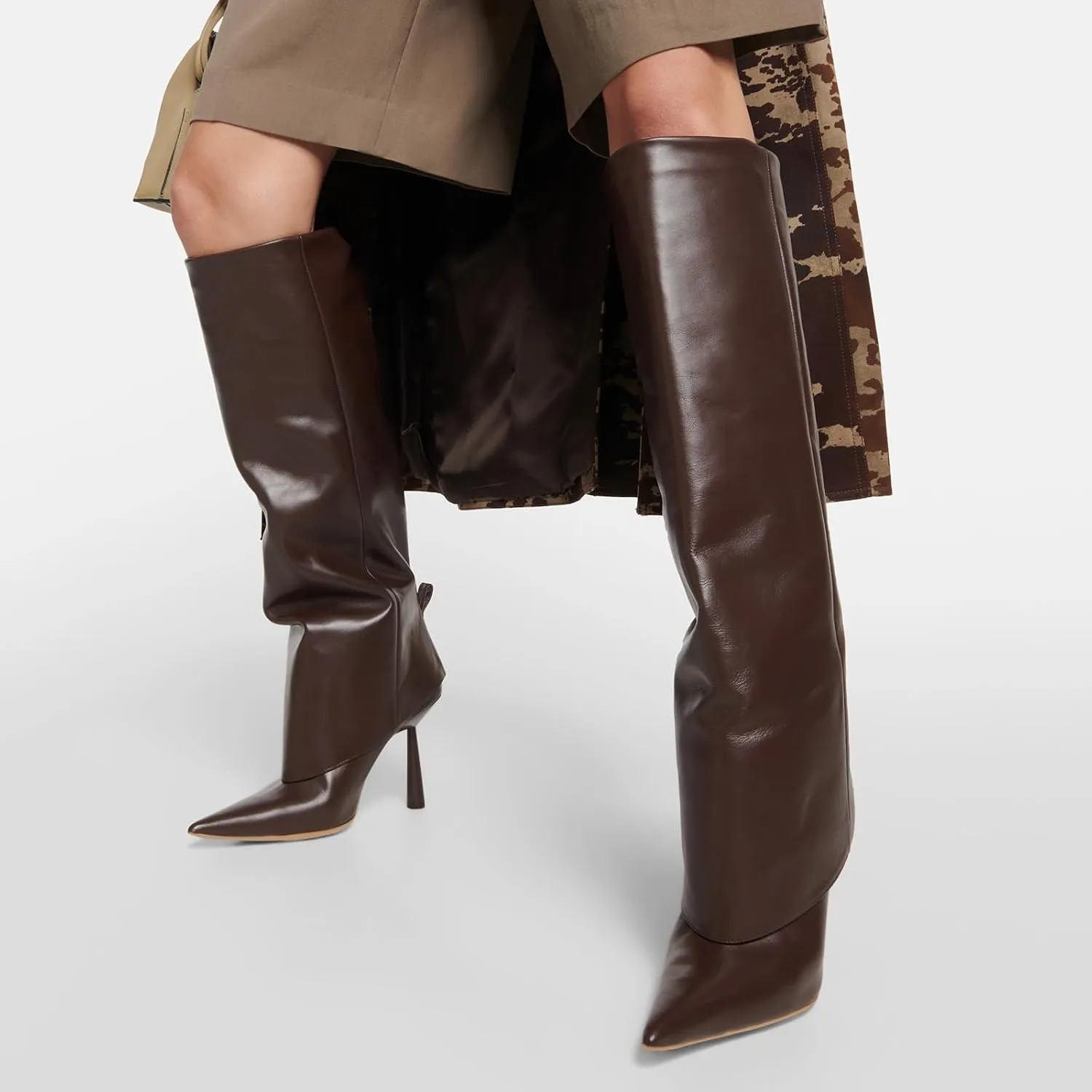 Vertundy Women's Fold Over Boots - Pointed Toe Stiletto Heel Slip On Knee High Boot Fashion Sexy Dress Boot