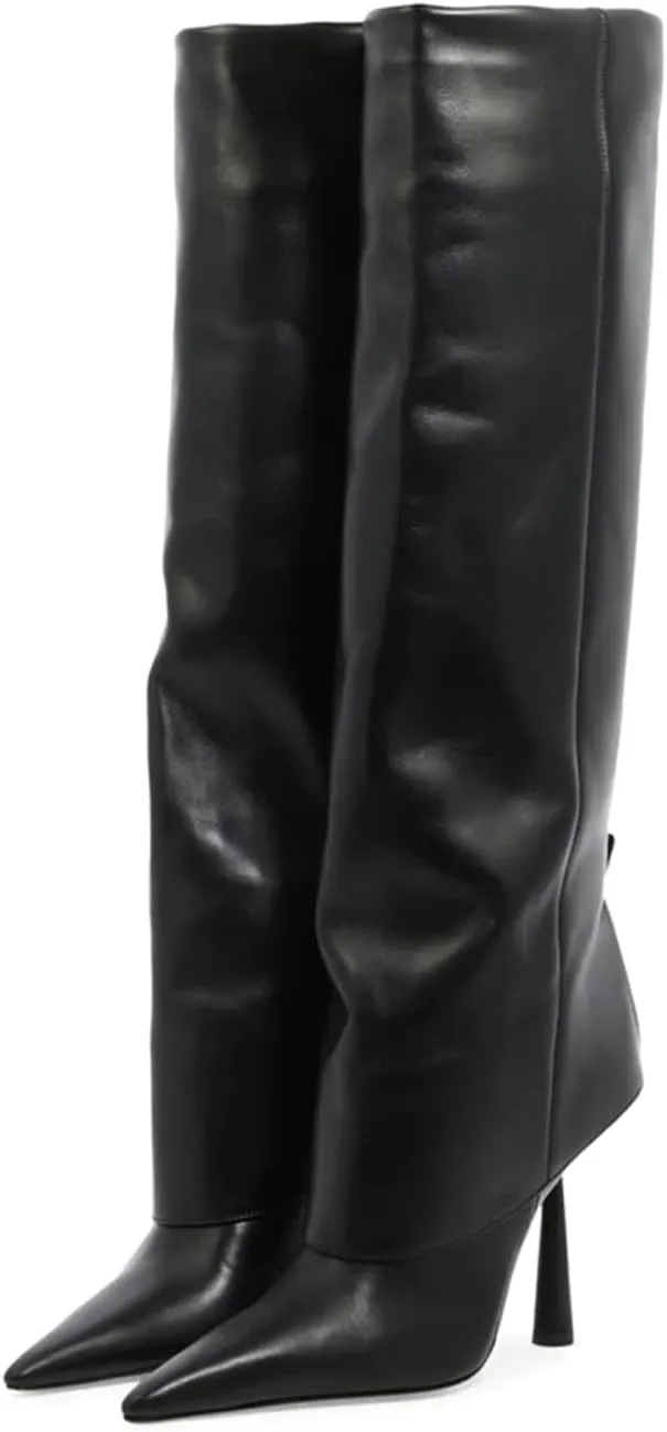 Vertundy Women's Fold Over Boots - Pointed Toe Stiletto Heel Slip On Knee High Boot Fashion Sexy Dress Boot