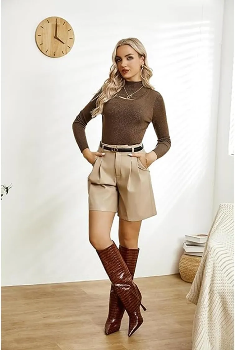 Vertundy Women's Fold Over Boots - Pointed Toe Stiletto Heel Slip On Knee High Boot Fashion Sexy Dress Boot