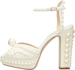 Vertundy Women's Pearl Embellished High Heeled Sandals Stilettos Heel Ankle Strap Buckle Peep Toe Sandals Bride Bridal Wedding Dress Shoes