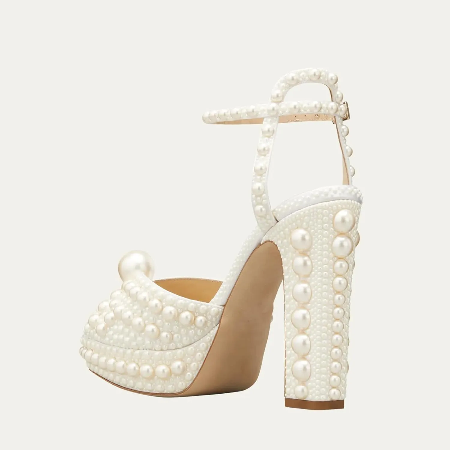 Vertundy Women's Pearl Embellished High Heeled Sandals Stilettos Heel Ankle Strap Buckle Peep Toe Sandals Bride Bridal Wedding Dress Shoes