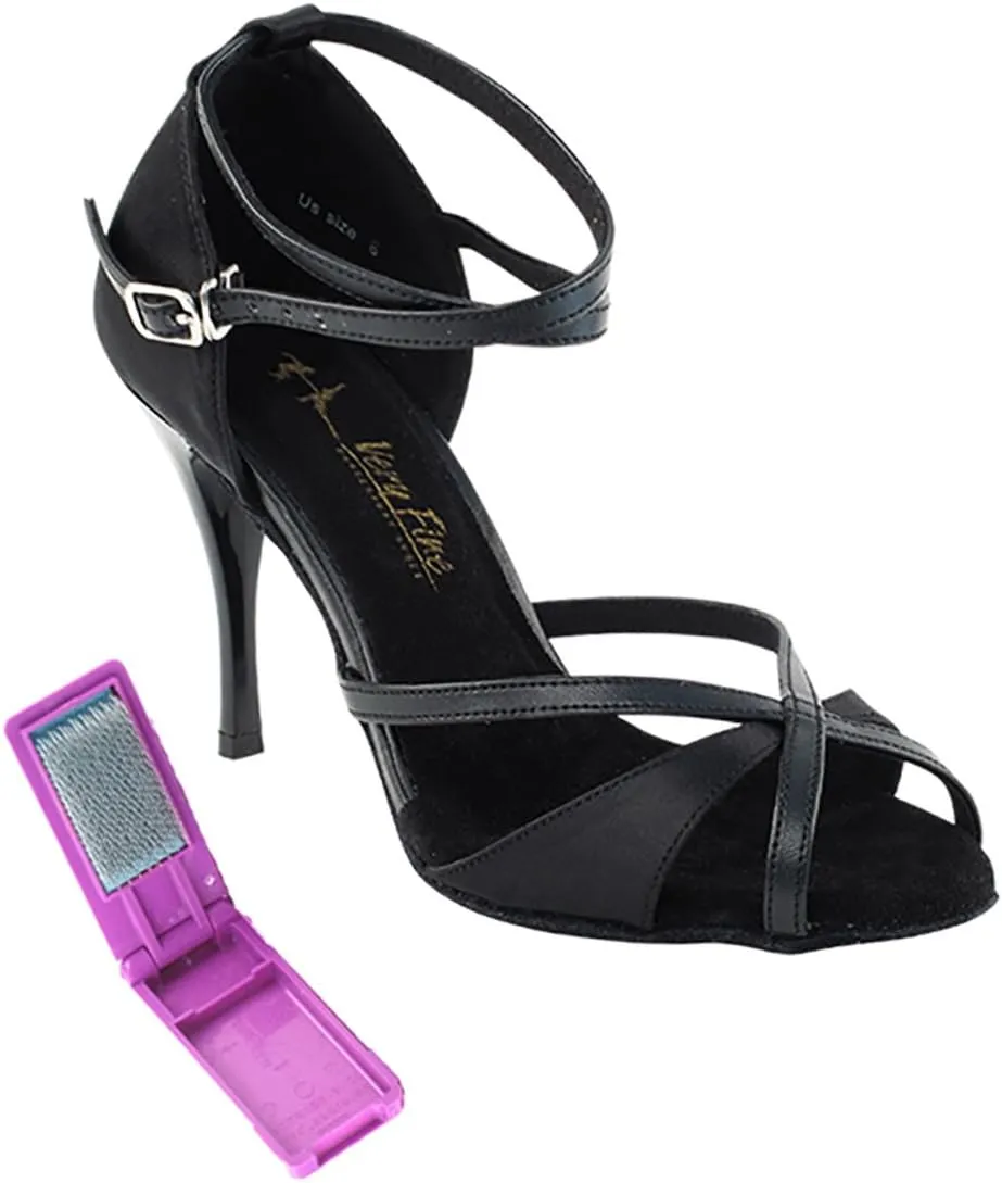 Very Fine Dance Shoes - Ladies Latin, Rhythm, Salsa, Waltz Ballroom Dance Shoes - 2829LEDSS - 3.5-inch Heel and Foldable Brush Bundle - Black Satin - Black Trim - 7