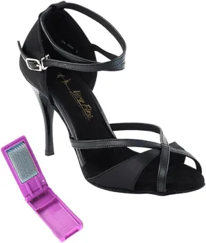 Very Fine Dance Shoes - Ladies Latin, Rhythm, Salsa, Waltz Ballroom Dance Shoes - 2829LEDSS - 3.5-inch Heel and Foldable Brush Bundle - Black Satin - Black Trim - 7