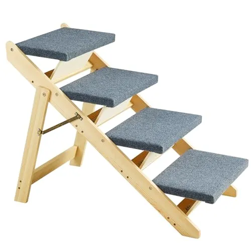 VEVOR Wood Pet Stairs/Pet Steps, 2-in-1 Foldable Wooden Dog Stair for Beds, Sofa and Cars, Dog Stairs & Ramp with 4 Steps for Small Medium Large Pet, up to 150 lbs