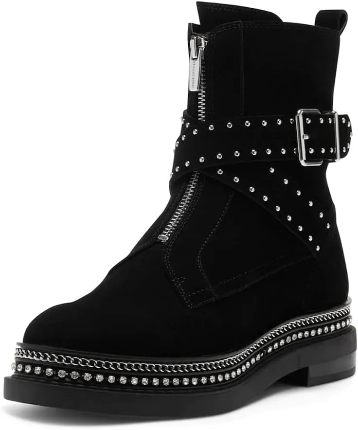 Vince Camuto Blinda Peltro Grey Moto Chic Chain Rim PLatform Lug Sole Booties