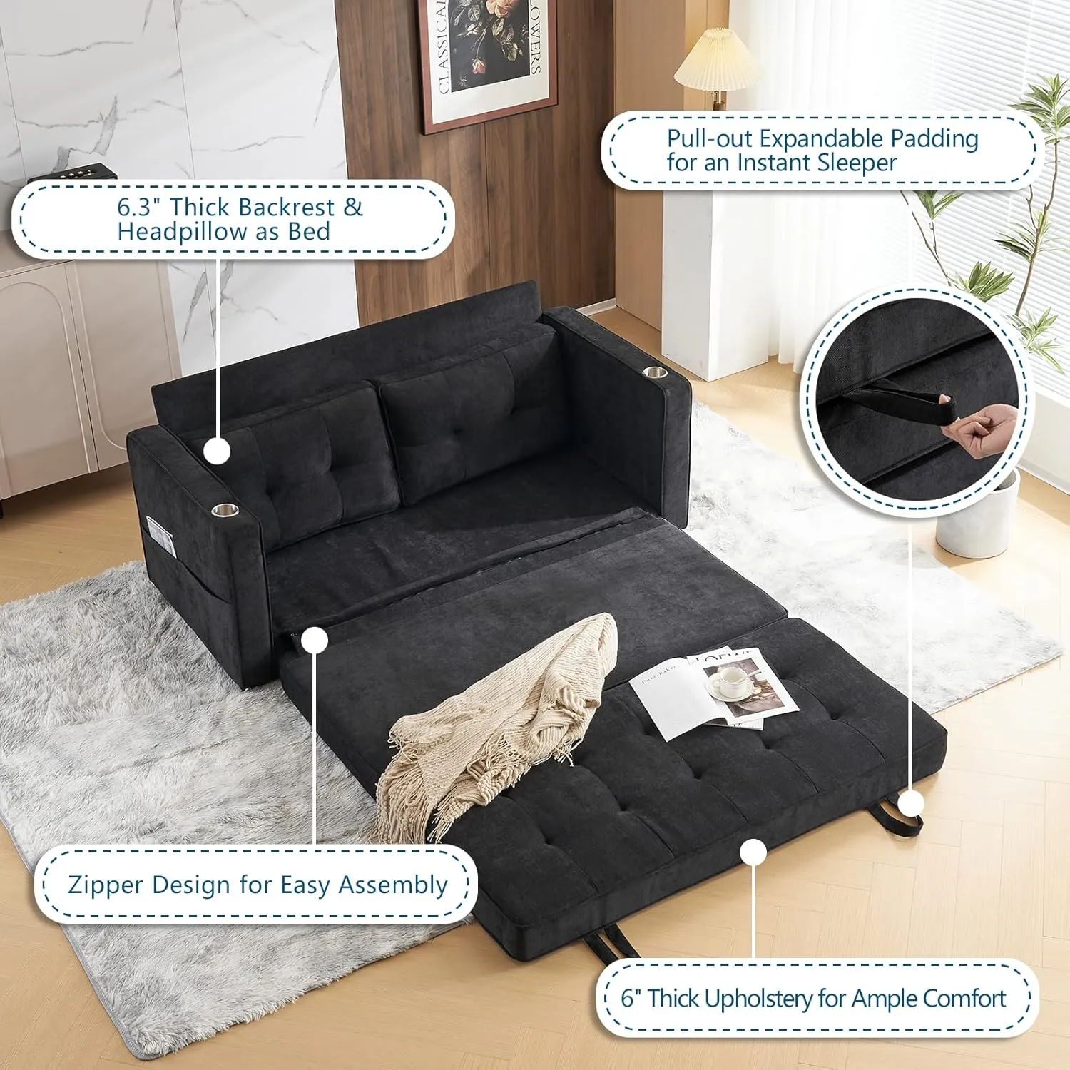 VINGLI Upgraded 64" W 84" L Full Size Futon Sofa Bed, 6" Thick Upholstery Chenille Loveseat Sofa Sleeper Pull Out Couch,Convertible Floor Couch for Living Room, Bedroom, Entertainment Room, Black