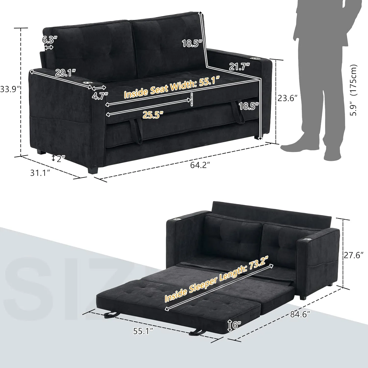 VINGLI Upgraded 64" W 84" L Full Size Futon Sofa Bed, 6" Thick Upholstery Chenille Loveseat Sofa Sleeper Pull Out Couch,Convertible Floor Couch for Living Room, Bedroom, Entertainment Room, Black