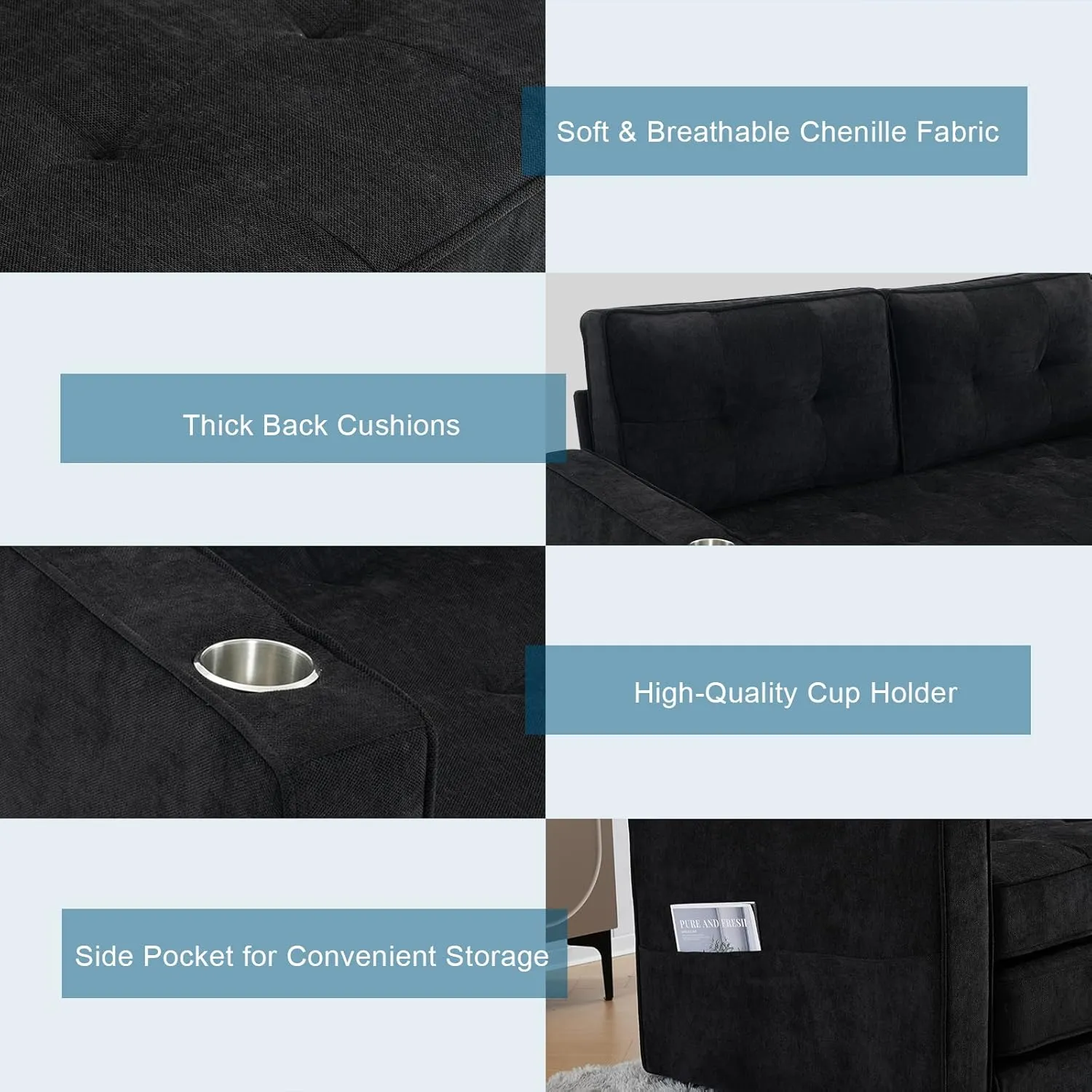 VINGLI Upgraded 64" W 84" L Full Size Futon Sofa Bed, 6" Thick Upholstery Chenille Loveseat Sofa Sleeper Pull Out Couch,Convertible Floor Couch for Living Room, Bedroom, Entertainment Room, Black