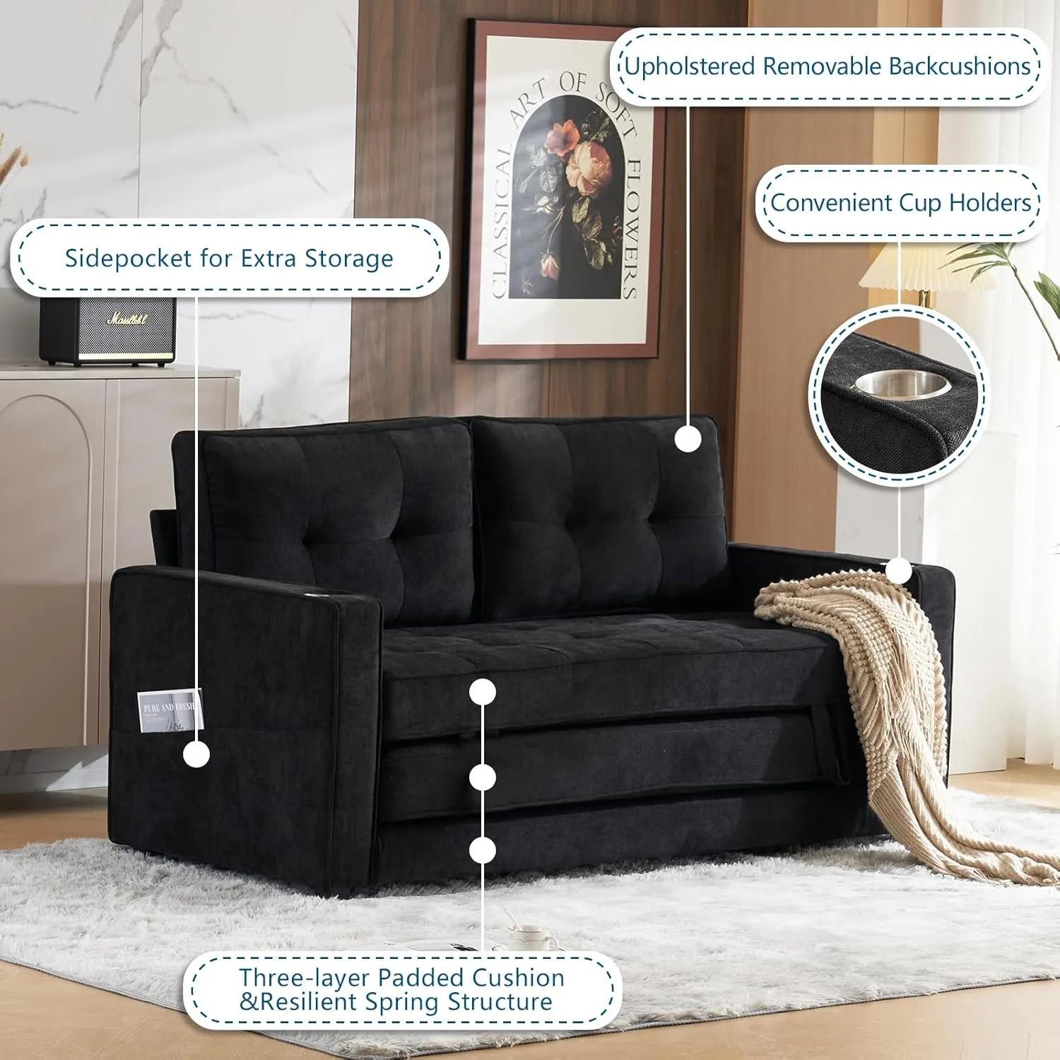 VINGLI Upgraded 64" W 84" L Full Size Futon Sofa Bed, 6" Thick Upholstery Chenille Loveseat Sofa Sleeper Pull Out Couch,Convertible Floor Couch for Living Room, Bedroom, Entertainment Room, Black