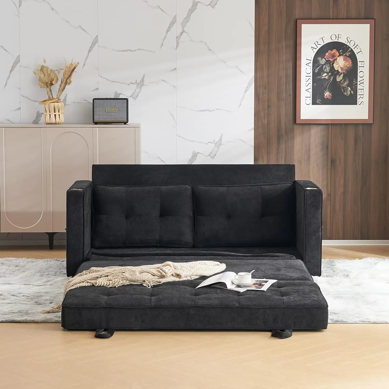 VINGLI Upgraded 64" W 84" L Full Size Futon Sofa Bed, 6" Thick Upholstery Chenille Loveseat Sofa Sleeper Pull Out Couch,Convertible Floor Couch for Living Room, Bedroom, Entertainment Room, Black