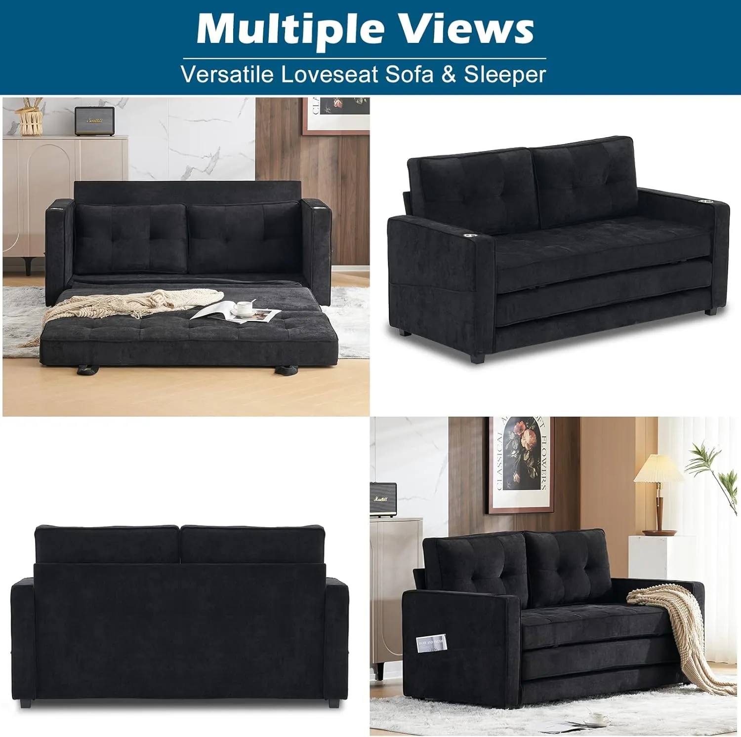 VINGLI Upgraded 64" W 84" L Full Size Futon Sofa Bed, 6" Thick Upholstery Chenille Loveseat Sofa Sleeper Pull Out Couch,Convertible Floor Couch for Living Room, Bedroom, Entertainment Room, Black