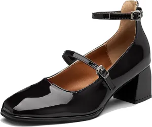 Vintage Patent Mary Jane Pumps, Women's Chunky Heel