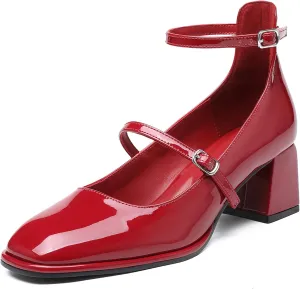 Vintage Patent Mary Jane Pumps, Women's Chunky Heel