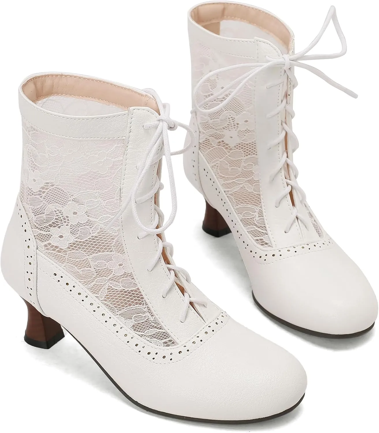 Vintage Victorian Boots for Women Kitten Heel Lace Ruffles Granny Boots Lace Up Ankle-High Booties