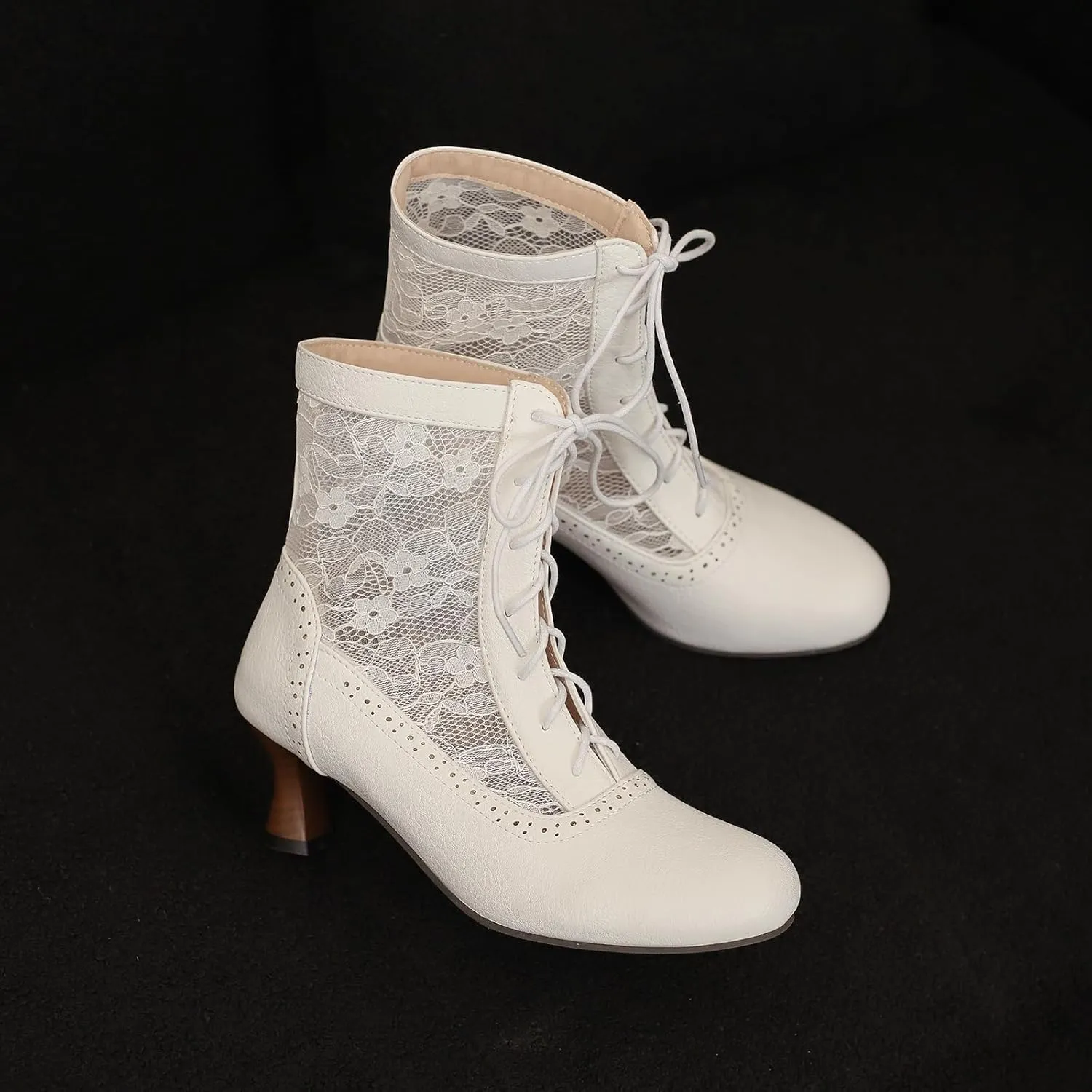 Vintage Victorian Boots for Women Kitten Heel Lace Ruffles Granny Boots Lace Up Ankle-High Booties
