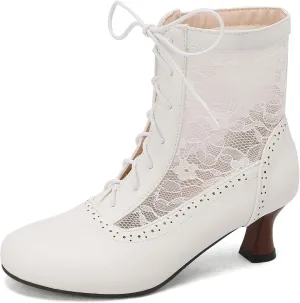Vintage Victorian Boots for Women Kitten Heel Lace Ruffles Granny Boots Lace Up Ankle-High Booties