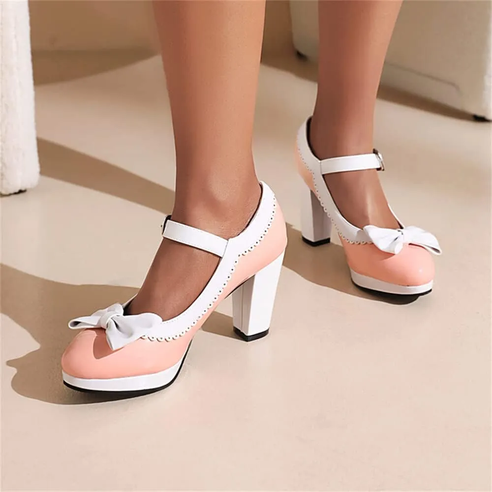 Viuluti Women's Round Toe Platform Pumps High Heels Leather Heart Ankle Strap Dress Shoes Sweet Bowknot Chunky Heel Mary Jane Pumps