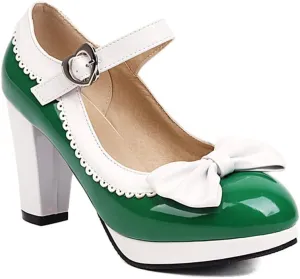 Viuluti Women's Round Toe Platform Pumps High Heels Leather Heart Ankle Strap Dress Shoes Sweet Bowknot Chunky Heel Mary Jane Pumps