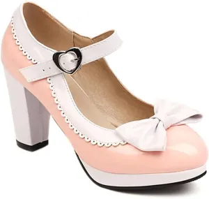 Viuluti Women's Round Toe Platform Pumps High Heels Leather Heart Ankle Strap Dress Shoes Sweet Bowknot Chunky Heel Mary Jane Pumps
