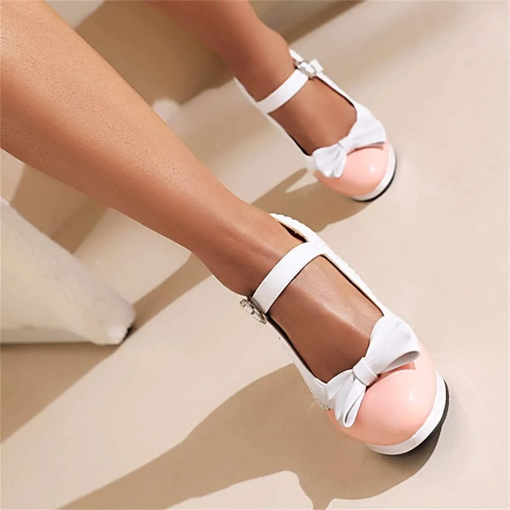 Viuluti Women's Round Toe Platform Pumps High Heels Leather Heart Ankle Strap Dress Shoes Sweet Bowknot Chunky Heel Mary Jane Pumps